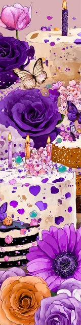Free colorful bookmark featuring a purple floral-decorated cake